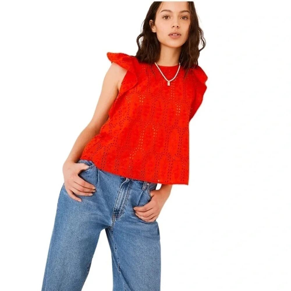 MADEWELL Eyelet Crewneck Flutter-Sleeve Top Size S NWOT